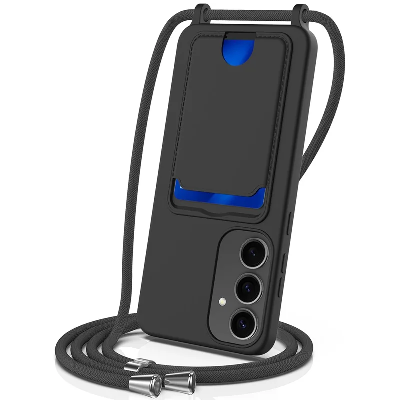 For Samsung Galaxy S25+ Case Liquid Silicone Card Holder Phone Back Cover with Lanyard - Black