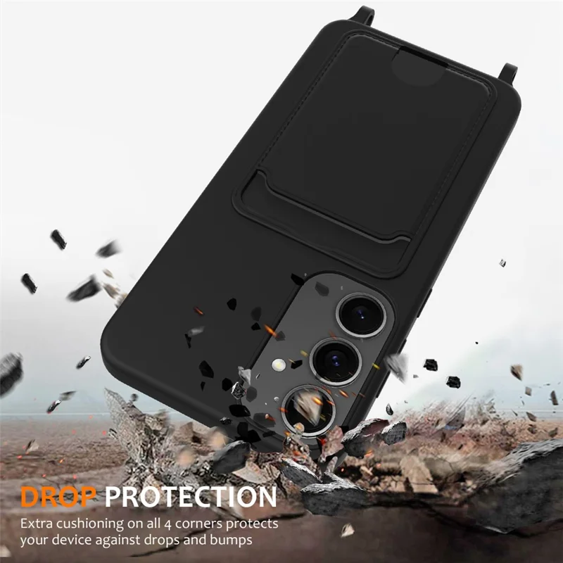 For Samsung Galaxy S25+ Case Liquid Silicone Card Holder Phone Back Cover with Lanyard - Black
