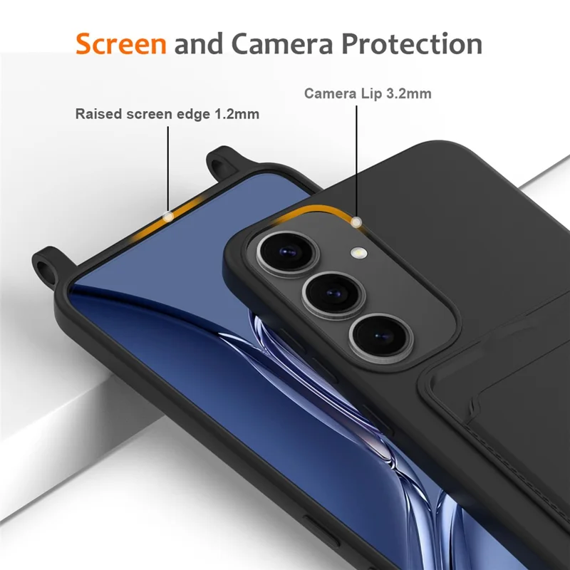 For Samsung Galaxy S25+ Case Liquid Silicone Card Holder Phone Back Cover with Lanyard - Black