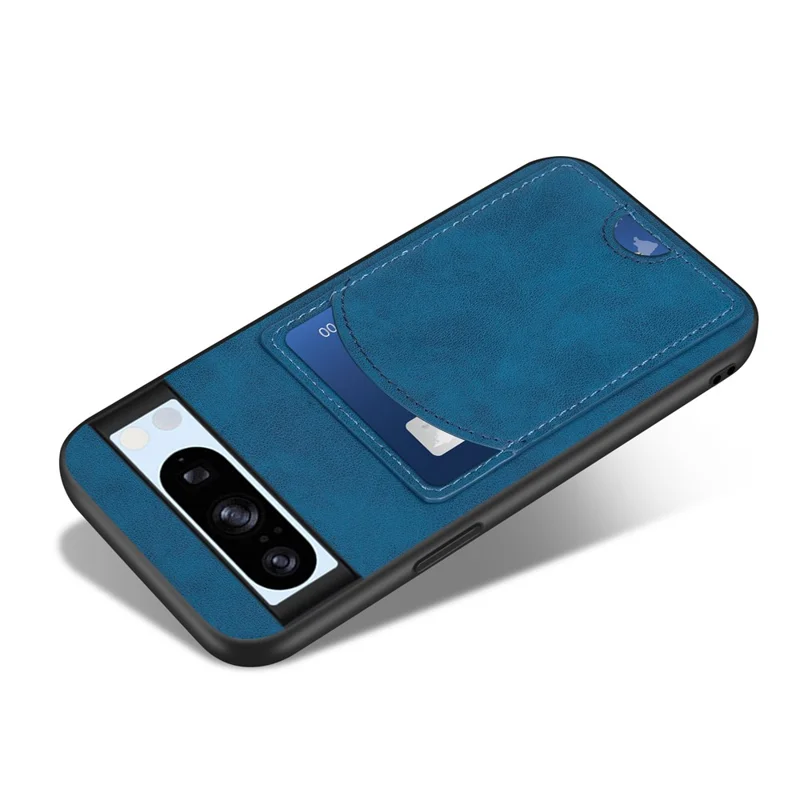 For Google Pixel 9 Pro XL Case Kickstand Leather Coated TPU Phone Cover with Card Slot - Blue