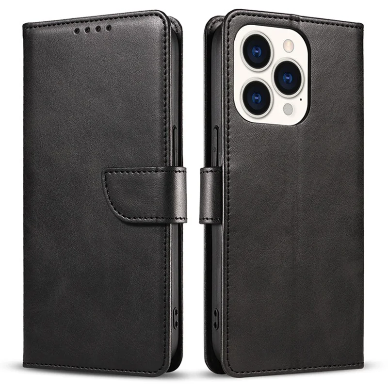 For iPhone 16 Pro Max Case Calf Texture Magnetic Clasp Wallet PU Leather Phone Cover - Black