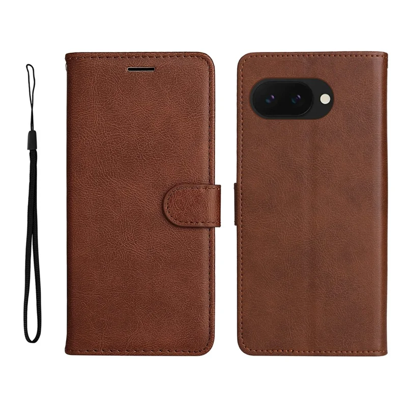 For Google Pixel 9a Case Solid Color Leather Mobile Cover Wallet Stand with Strap - Brown
