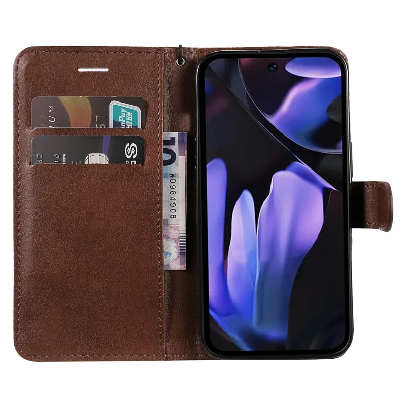 For Google Pixel 9a Case Solid Color Leather Mobile Cover Wallet Stand with Strap - Brown