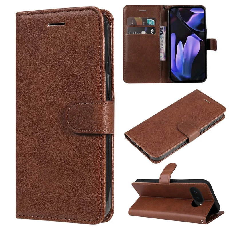 For Google Pixel 9a Case Solid Color Leather Mobile Cover Wallet Stand with Strap - Brown