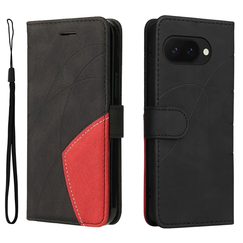For Google Pixel 9a Leather Case Wallet Stand Color Splicing Phone Cover  - Black