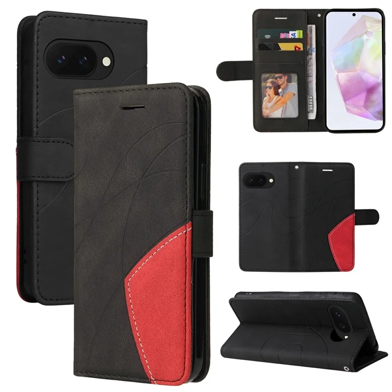 For Google Pixel 9a Leather Case Wallet Stand Color Splicing Phone Cover  - Black