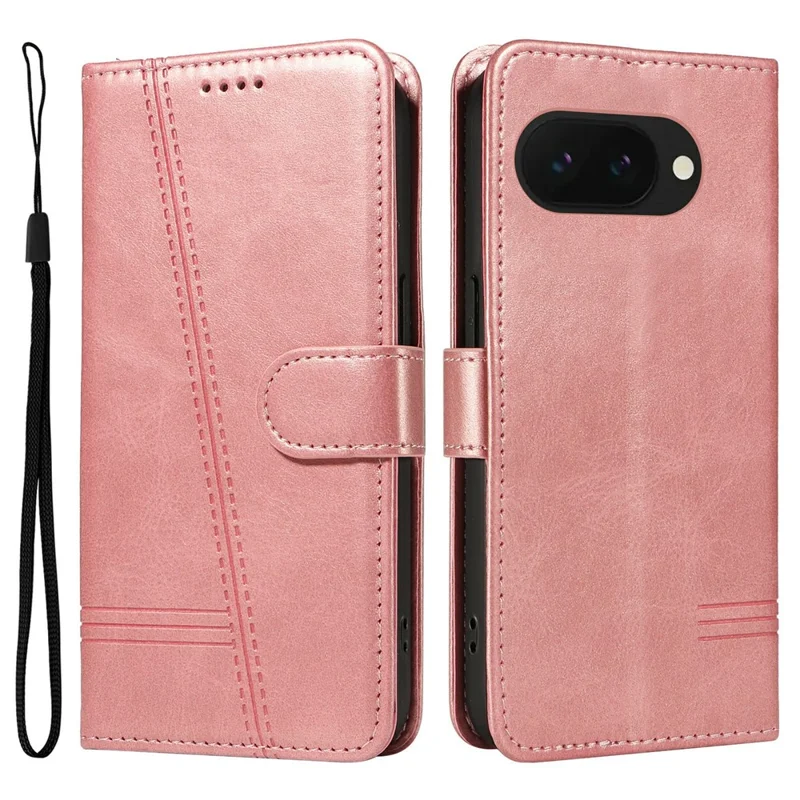 For Google Pixel 9a Case Flip Wallet T-Shape Lines Leather Phone Cover - Rose Gold