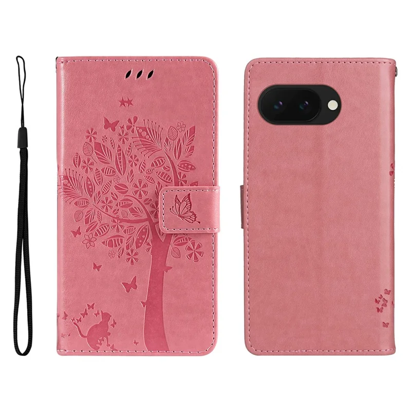 For Google Pixel 9a Phone Case with Stand Cat Tree Pattern Leather Wallet Mobile Cover  - Pink