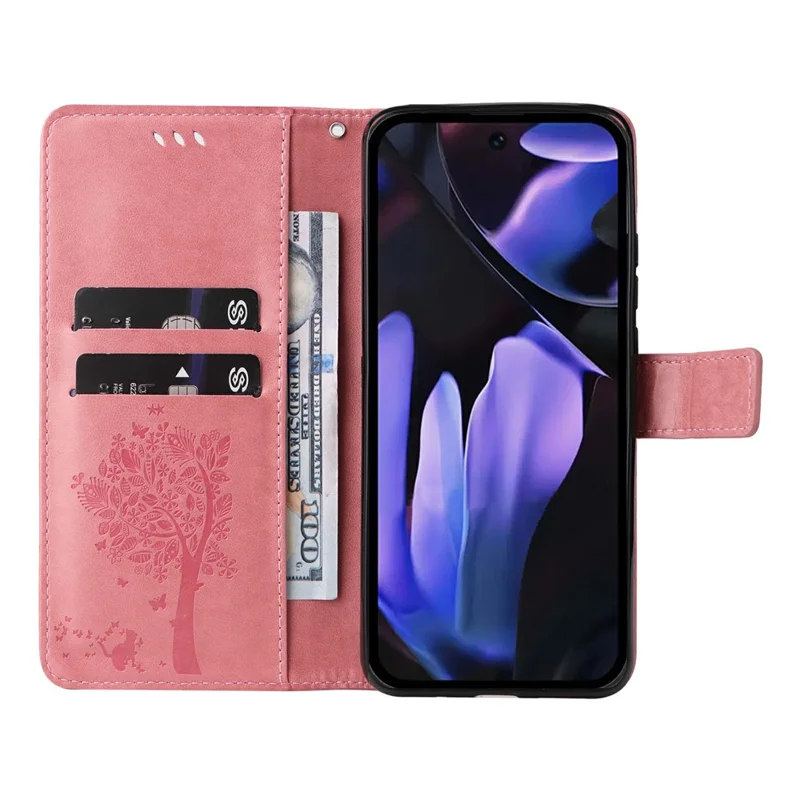 For Google Pixel 9a Phone Case with Stand Cat Tree Pattern Leather Wallet Mobile Cover  - Pink