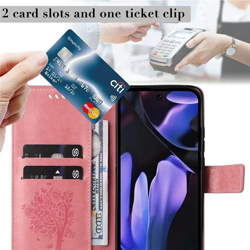 For Google Pixel 9a Phone Case with Stand Cat Tree Pattern Leather Wallet Mobile Cover  - Pink