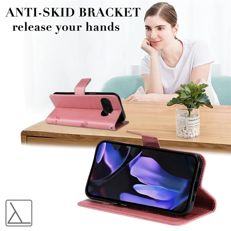 For Google Pixel 9a Phone Case with Stand Cat Tree Pattern Leather Wallet Mobile Cover  - Pink