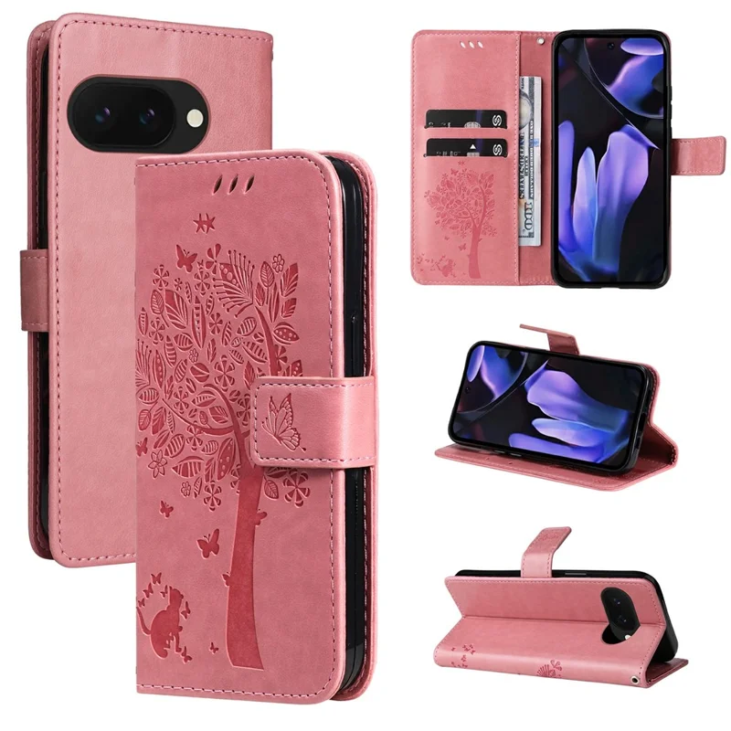 For Google Pixel 9a Phone Case with Stand Cat Tree Pattern Leather Wallet Mobile Cover  - Pink