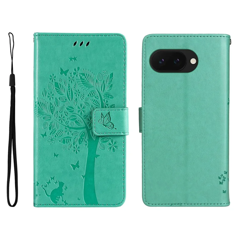 For Google Pixel 9a Phone Case with Stand Cat Tree Pattern Leather Wallet Mobile Cover  - Green
