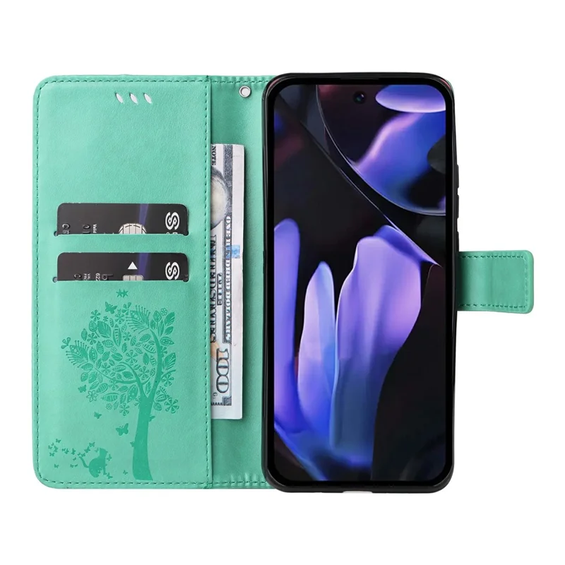 For Google Pixel 9a Phone Case with Stand Cat Tree Pattern Leather Wallet Mobile Cover  - Green