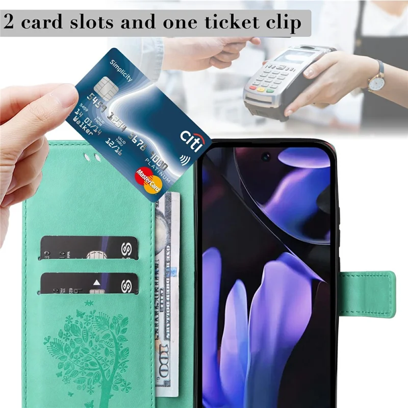 For Google Pixel 9a Phone Case with Stand Cat Tree Pattern Leather Wallet Mobile Cover  - Green