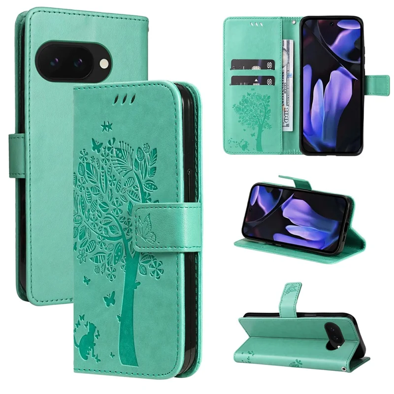 For Google Pixel 9a Phone Case with Stand Cat Tree Pattern Leather Wallet Mobile Cover  - Green