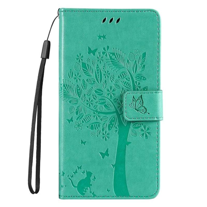 For Google Pixel 9a Phone Case with Stand Cat Tree Pattern Leather Wallet Mobile Cover  - Green