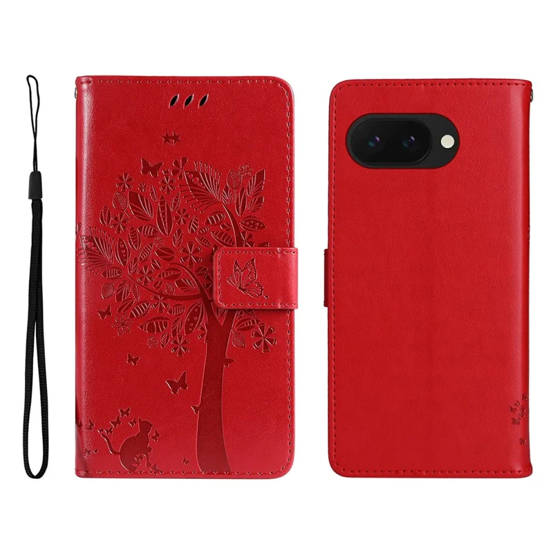 For Google Pixel 9a Phone Case with Stand Cat Tree Pattern Leather Wallet Mobile Cover  - Red