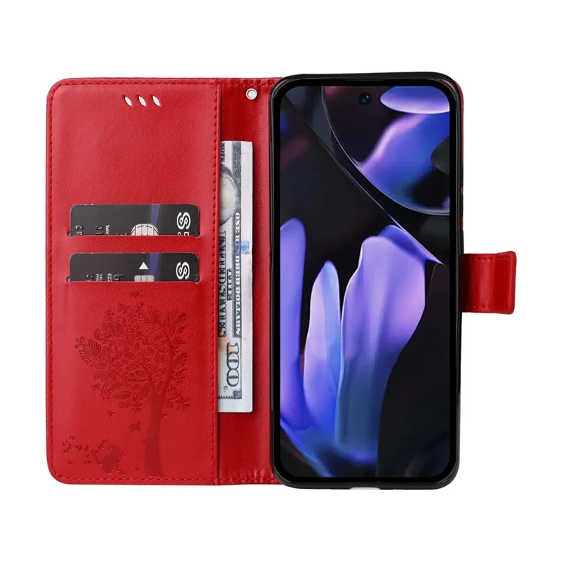 For Google Pixel 9a Phone Case with Stand Cat Tree Pattern Leather Wallet Mobile Cover  - Red