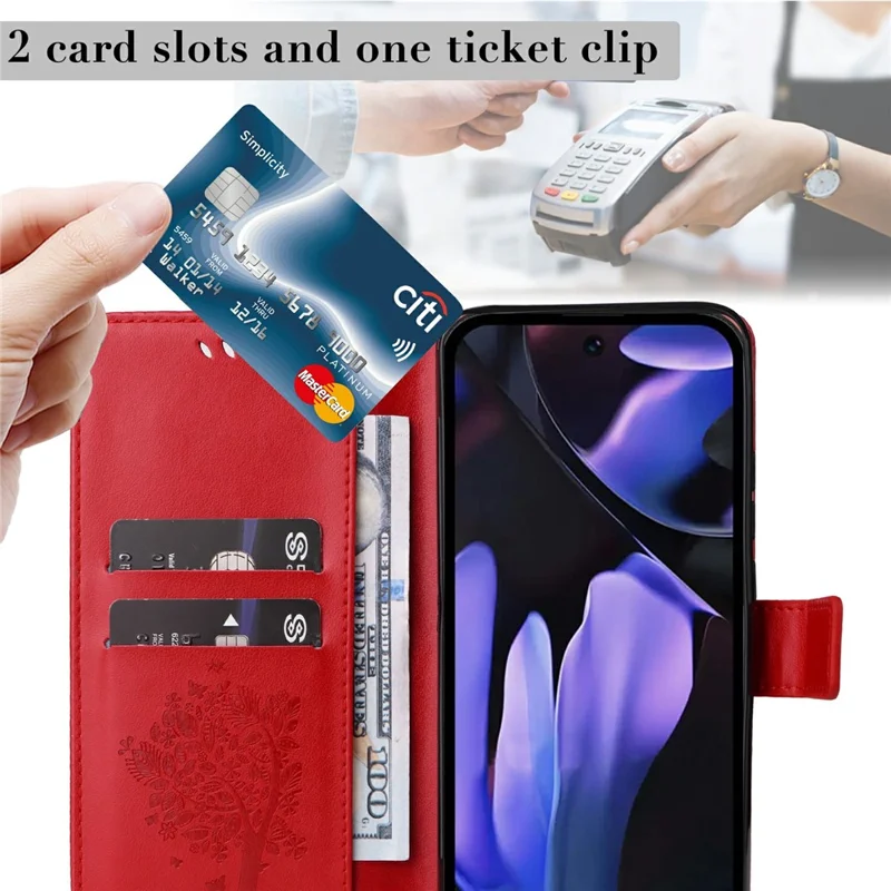 For Google Pixel 9a Phone Case with Stand Cat Tree Pattern Leather Wallet Mobile Cover  - Red