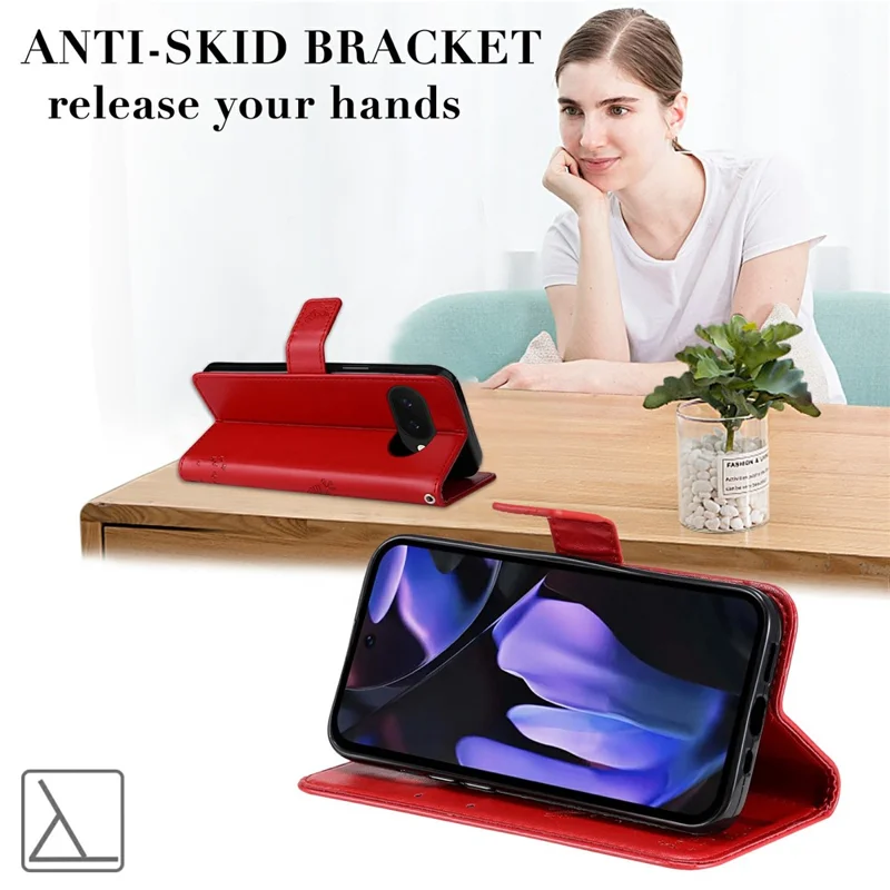 For Google Pixel 9a Phone Case with Stand Cat Tree Pattern Leather Wallet Mobile Cover  - Red