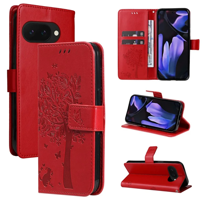 For Google Pixel 9a Phone Case with Stand Cat Tree Pattern Leather Wallet Mobile Cover  - Red