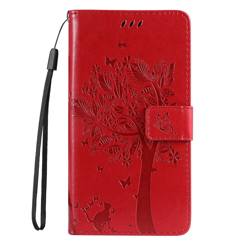 For Google Pixel 9a Phone Case with Stand Cat Tree Pattern Leather Wallet Mobile Cover  - Red