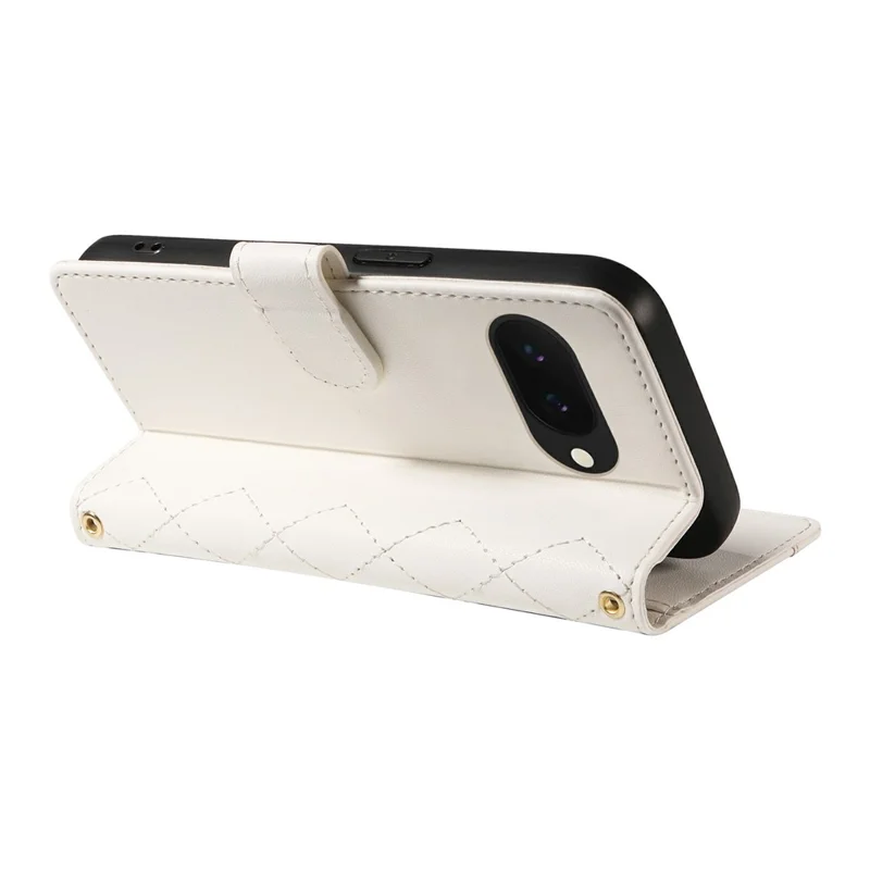 For Google Pixel 9a Wallet Case Rhombus Leather Phone Cover with Shoulder Strap, Wrist Strap - White