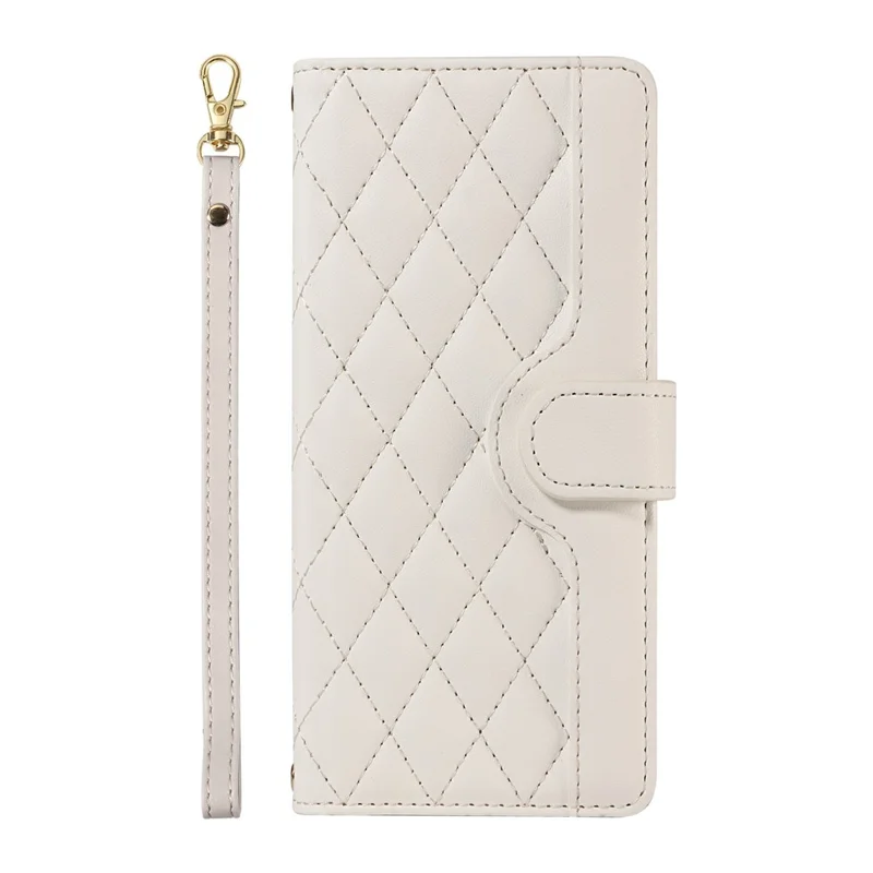 For Google Pixel 9a Wallet Case Rhombus Leather Phone Cover with Shoulder Strap, Wrist Strap - White