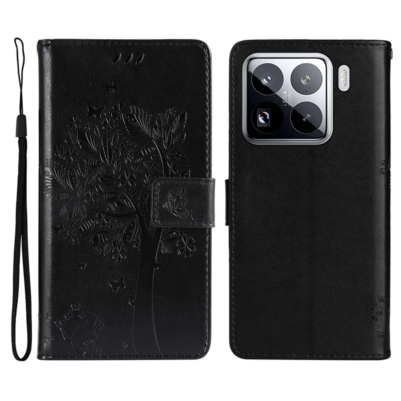 For Xiaomi 15 Pro Phone Case with Stand Cat Tree Pattern Leather Wallet Mobile Cover  - Black