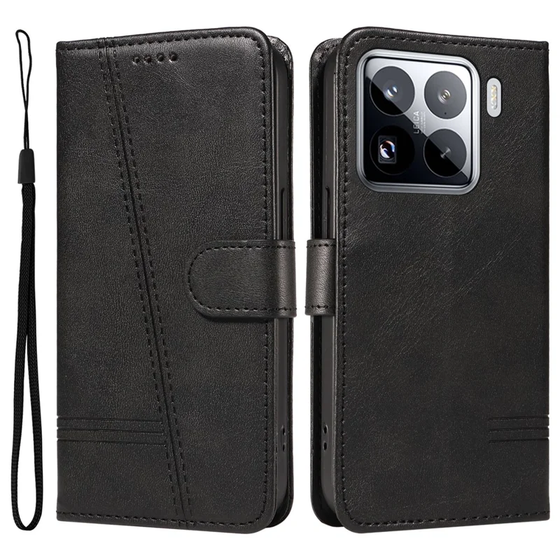 For Xiaomi 15 Pro Case Flip Wallet T-Shape Lines Leather Phone Cover - Black