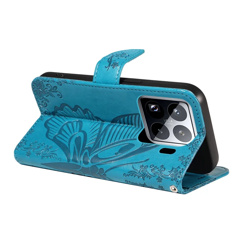 Fodral för Xiaomi 15 Pro med fjärils mönster, läder, plånbok, vikbar hölse - Blå