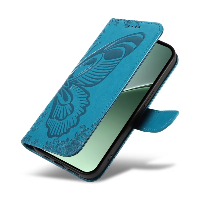 Fodral för Xiaomi 15 Pro med fjärils mönster, läder, plånbok, vikbar hölse - Blå