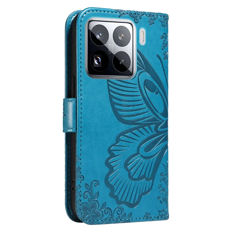 Fodral för Xiaomi 15 Pro med fjärils mönster, läder, plånbok, vikbar hölse - Blå