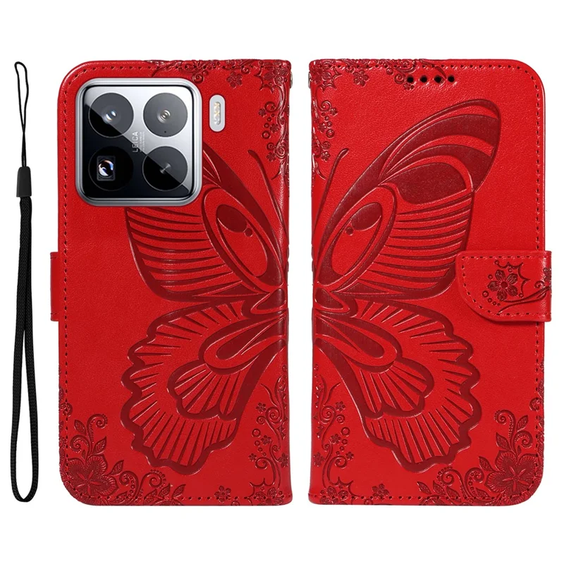 Fodral för Xiaomi 15 Pro med fjärilsmönster, läder, plånbok, vikbar hölse - Röd