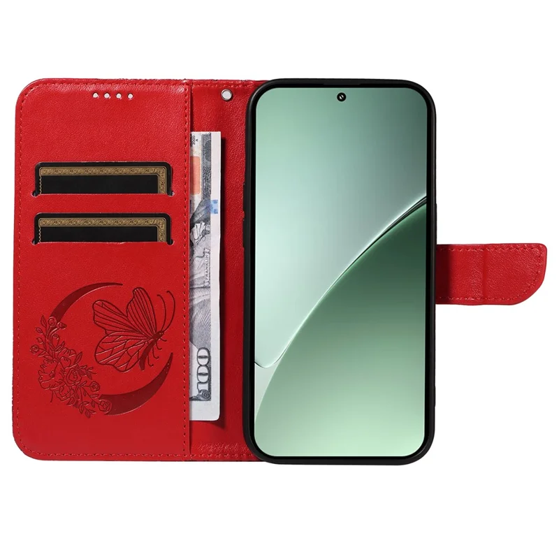 Fodral för Xiaomi 15 Pro med fjärilsmönster, läder, plånbok, vikbar hölse - Röd