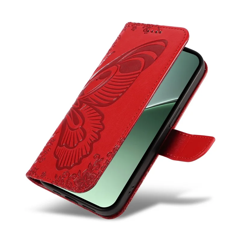 Fodral för Xiaomi 15 Pro med fjärilsmönster, läder, plånbok, vikbar hölse - Röd