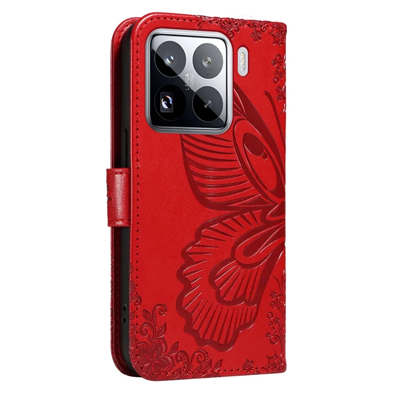 Fodral för Xiaomi 15 Pro med fjärilsmönster, läder, plånbok, vikbar hölse - Röd
