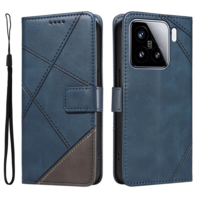 For Xiaomi 15 Case Leather Geometric Line Wallet Phone Cover with Wrist Strap - Blue
