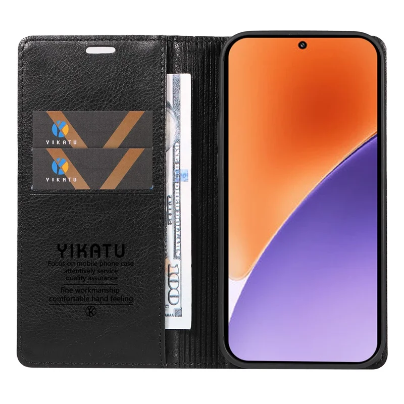 YIKATU YK-006 til Xiaomi 15 Taske med Magnetlukning Læder Telefonbeskyttelse med Litchi-tekstur - Sort