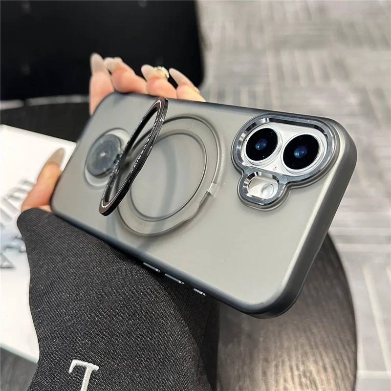 For iPhone 16 Plus Magnetic Case Kickstand TPU + PC Phone Back Cover - Black