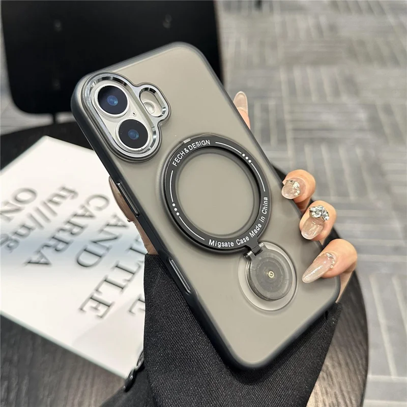 For iPhone 16 Plus Magnetic Case Kickstand TPU + PC Phone Back Cover - Black