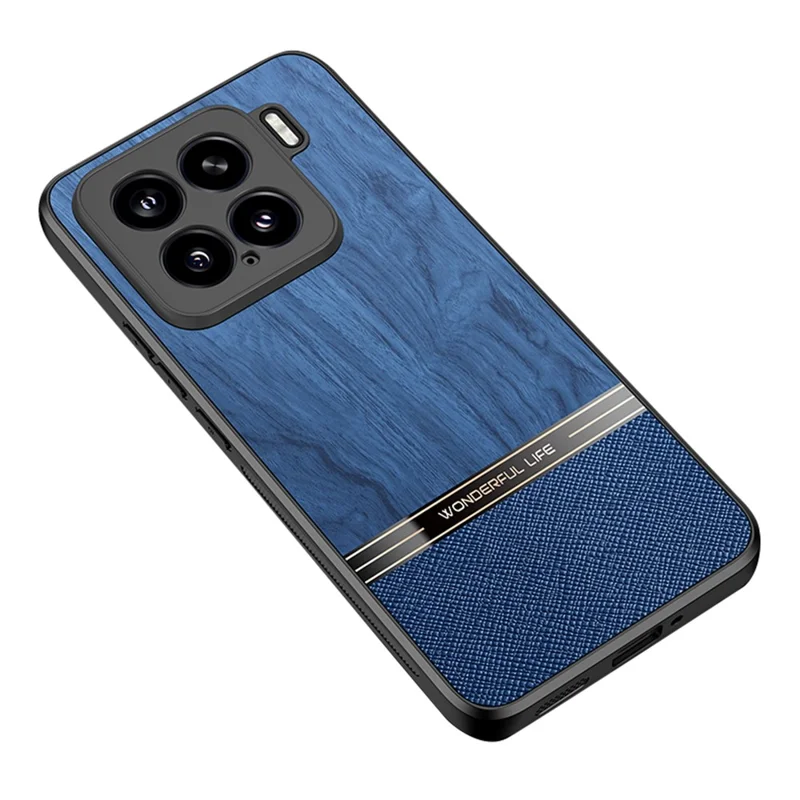 For Xiaomi 15 Case Wood Texture Leather Coated TPU Phone Protective Cover - Blue