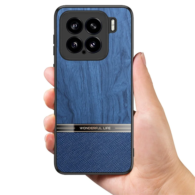 For Xiaomi 15 Case Wood Texture Leather Coated TPU Phone Protective Cover - Blue