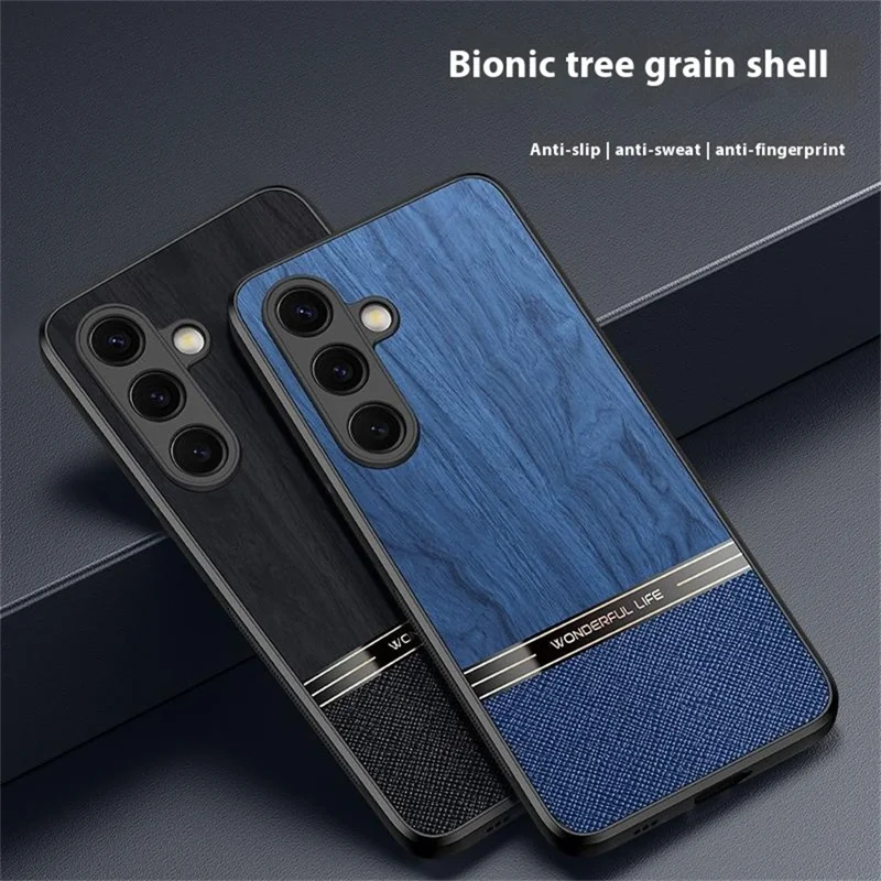 Voor Samsung Galaxy S25 Hoesje Houtnerf Leren Gecoate TPU Beschermhoes - Zwart