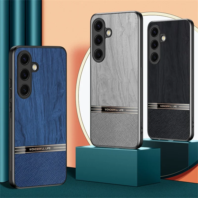 Voor Samsung Galaxy S25 Hoesje Houtnerf Leren Gecoate TPU Beschermhoes - Zwart