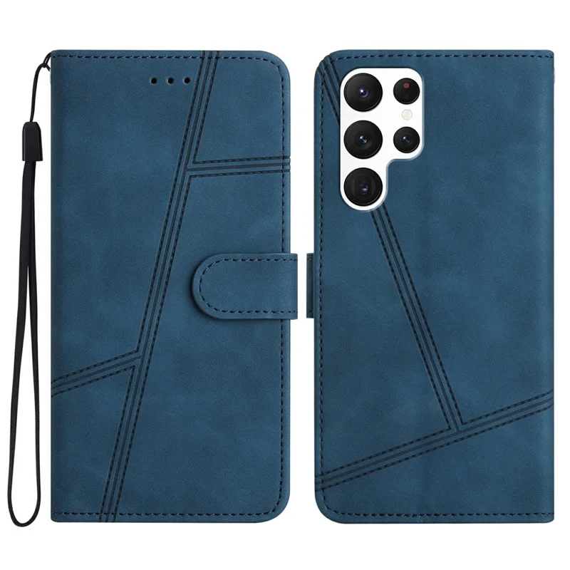 For Samsung Galaxy S25 Ultra Case Flip Leather Retro Phone Cover Lines Imprinted - Blue