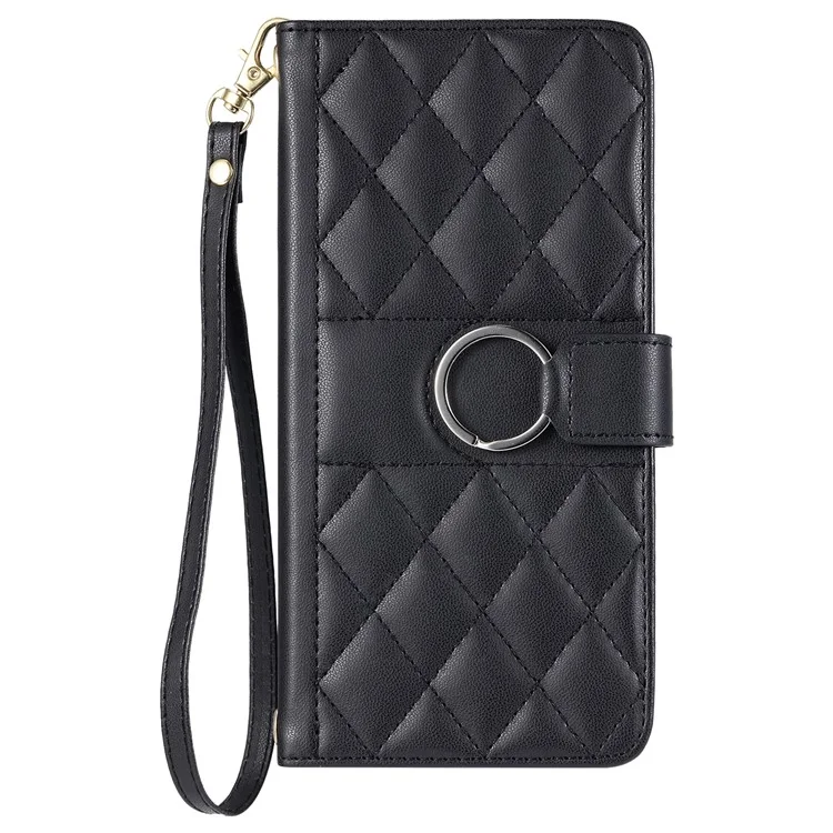 For iPhone 16 Crossbody Leather Case Ring Buckle Wallet Stand Rhombus Mobile Cover - Black