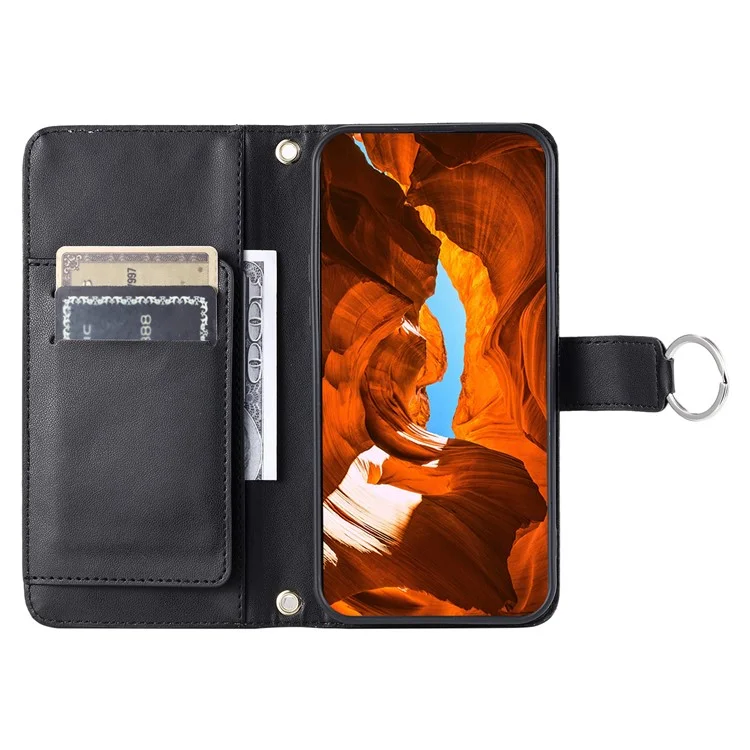 For iPhone 16 Crossbody Leather Case Ring Buckle Wallet Stand Rhombus Mobile Cover - Black