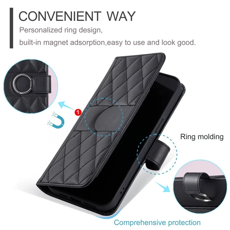 For iPhone 16 Crossbody Leather Case Ring Buckle Wallet Stand Rhombus Mobile Cover - Black